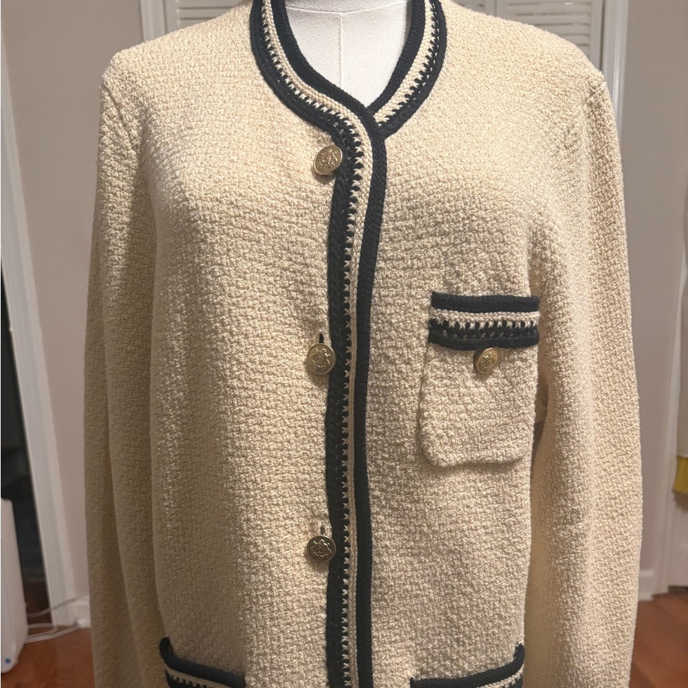 J. Crew Cream Tweed Button Cardigan with Black Trim